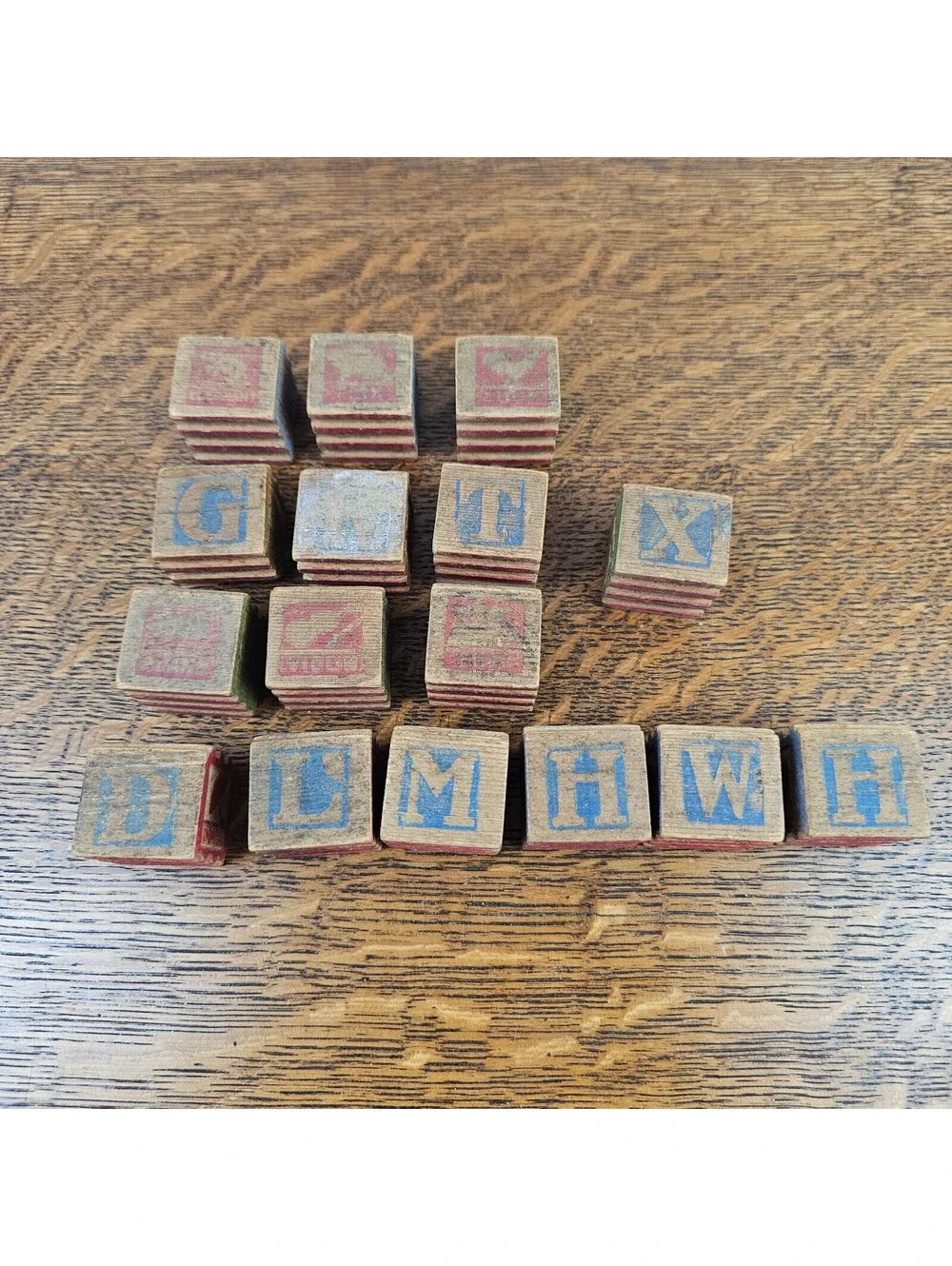 Vintage Interlocking Wooden Alphabet Blocks Lot 16 ABC Picture Toy Raised Stripe